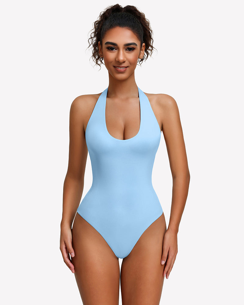Halter bodysuit, backless tank style in light blue