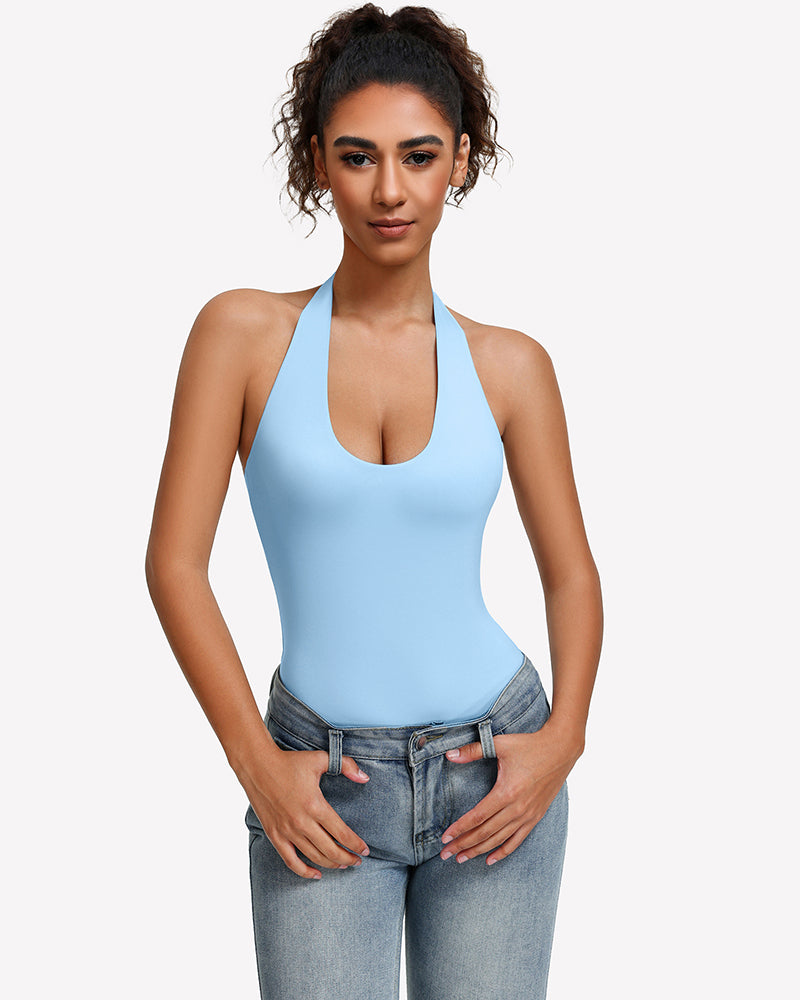 Halter bodysuit, backless tank style in sky blue