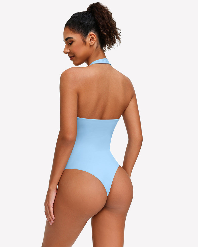 Backless halter bodysuit in light blue, open back