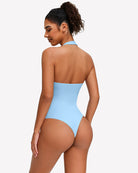 Backless halter bodysuit in light blue, open back