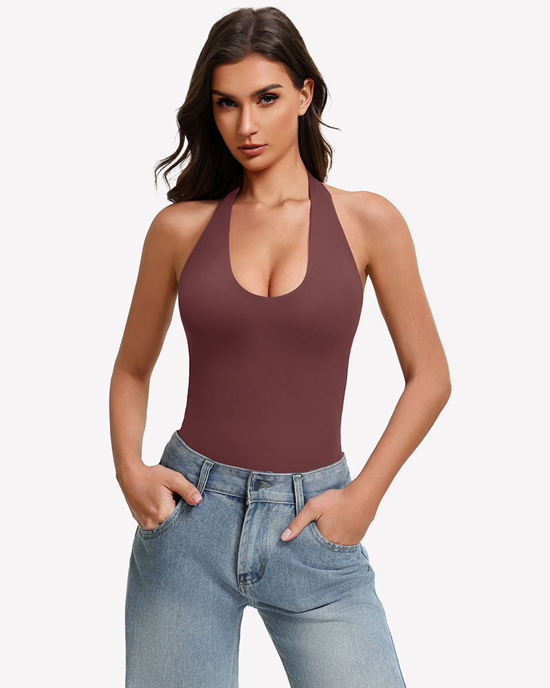Halter bodysuit, backless tank style in dark brown