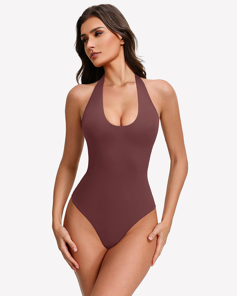 Halter bodysuit, backless tank style in chocolate brown
