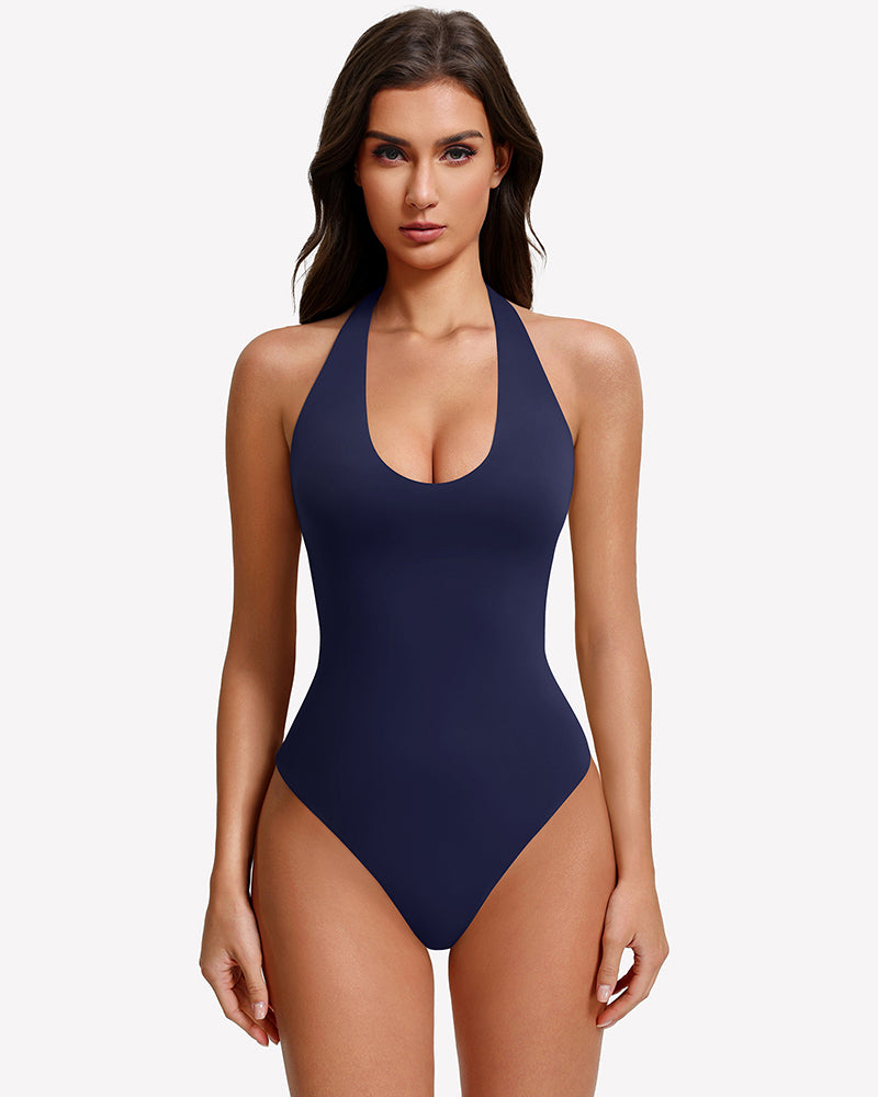Navy blue halter bodysuit with deep V front and high-cut leg openings