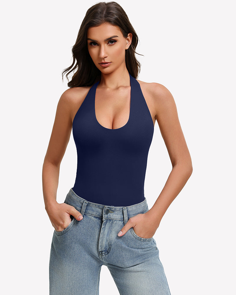 Navy blue halter bodysuit tank with deep V neckline and high-cut leg openings