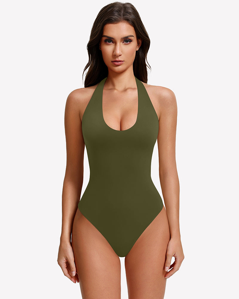 Green halter bodysuit with deep V front and high-cut leg openings