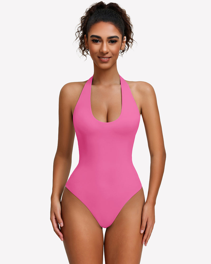 Pink halter bodysuit tank with deep V front and high-cut leg openings