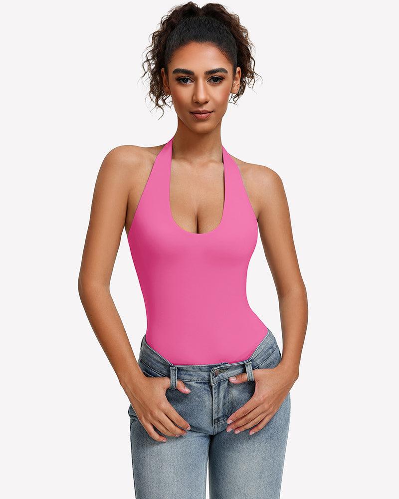 Halter bodysuit, backless tank style in fuchsia pink