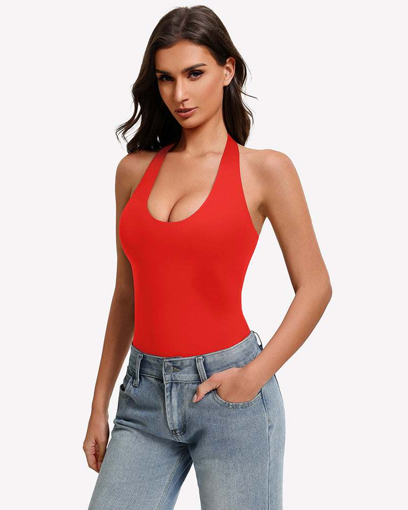 Halter bodysuit, backless tank style in bright red
