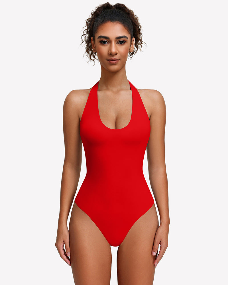 Halter bodysuit, backless tank style in red