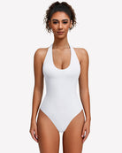White halter bodysuit with deep scoop front and thong-style bottom
