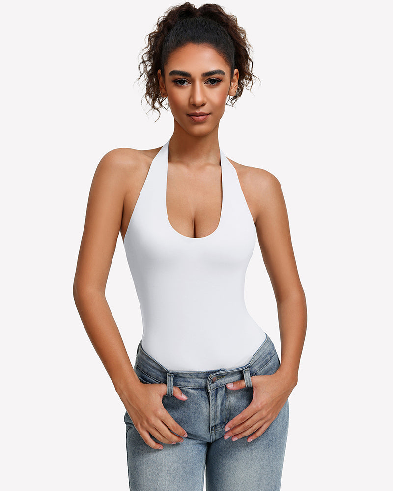 White halter bodysuit with deep scoop neckline and fitted bodice