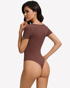 Burgundy square-neck short-sleeve bodysuit, fitted one-piece shown from back