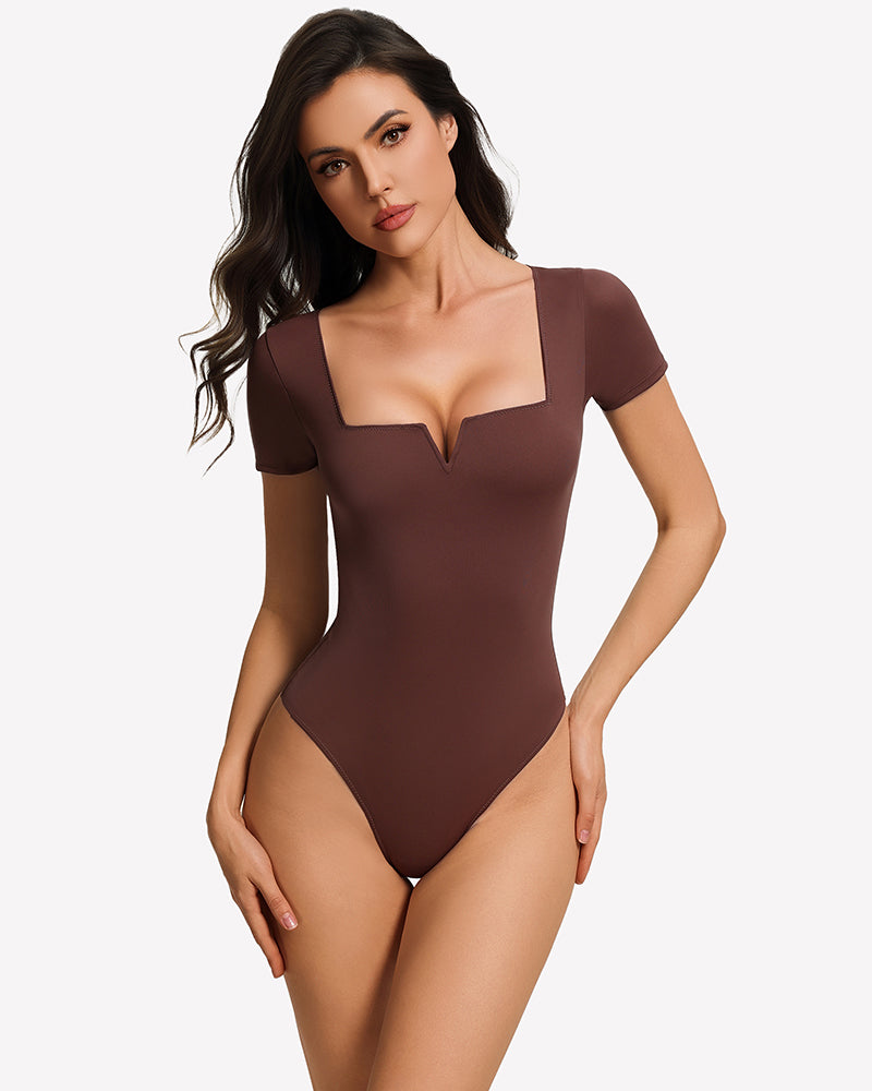 Burgundy square-neck short-sleeve bodysuit, fitted one-piece front view