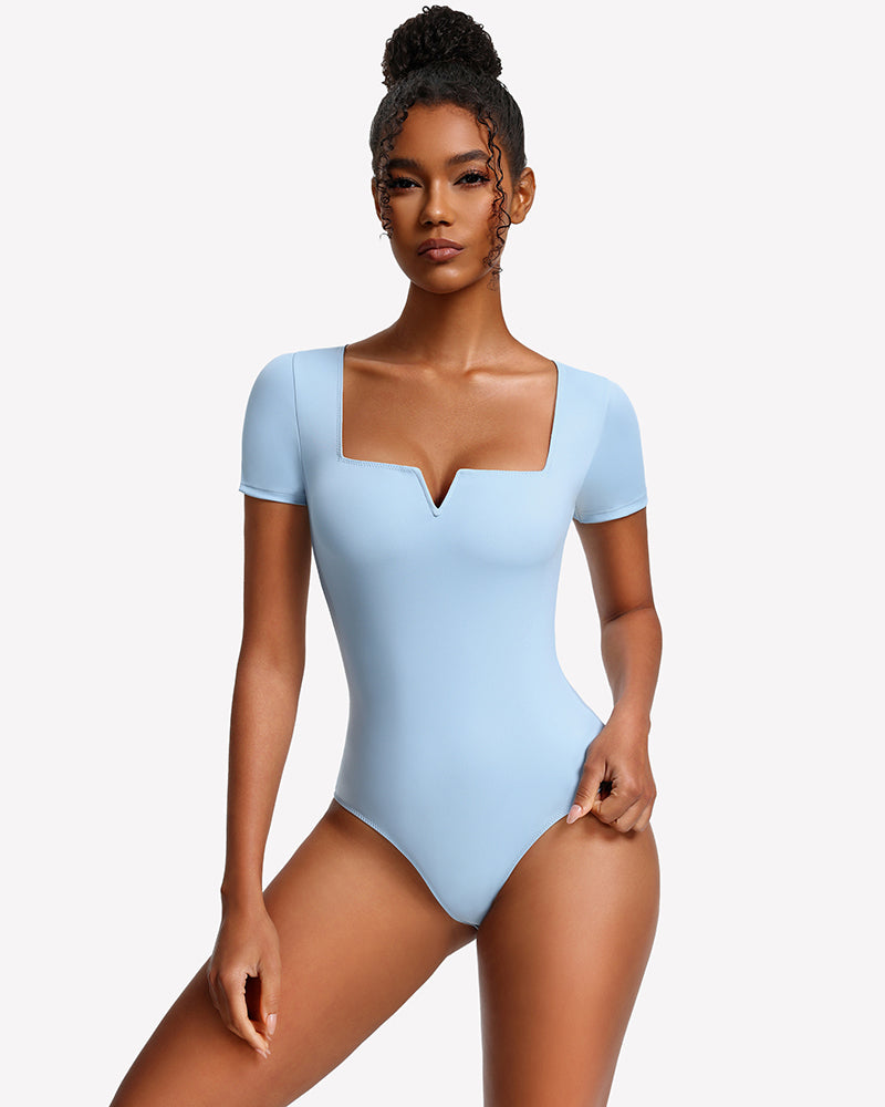 Light blue square-neck short-sleeve bodysuit, fitted one-piece with V cutout
