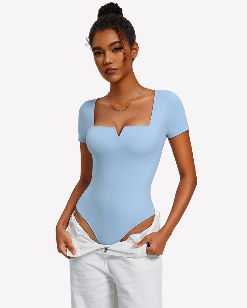 Light blue square-neck short-sleeve bodysuit, fitted one-piece with V neckline