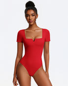 Red short-sleeve square-neck bodysuit, fitted one-piece with thong bottom.