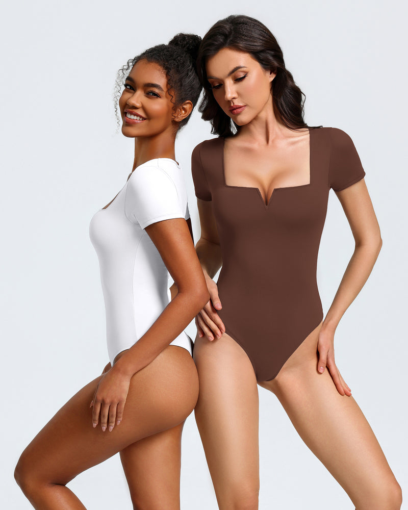 Square-neck short-sleeve bodysuits: white and burgundy, fitted one-piece