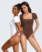 Square-neck short-sleeve bodysuits: white and burgundy, fitted one-piece