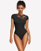 Black lace crew neck short sleeve thong bodysuit with lace chest panel