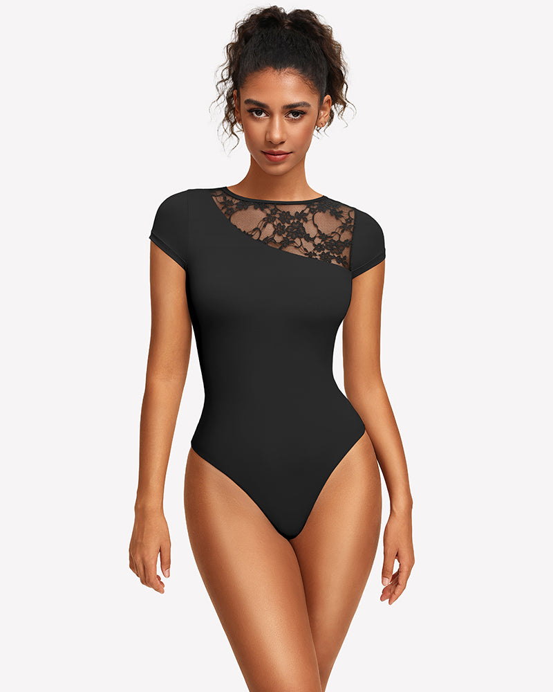Black lace crew neck short sleeve thong bodysuit with lace chest panel