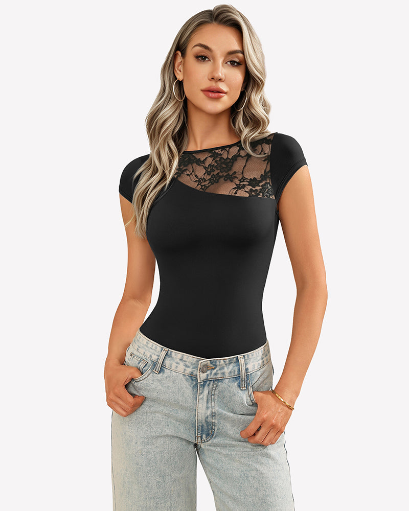Black lace crew neck short sleeve thong bodysuit with lace chest detail