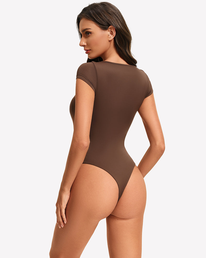 Dark brown lace crew-neck short-sleeve thong bodysuit, back view