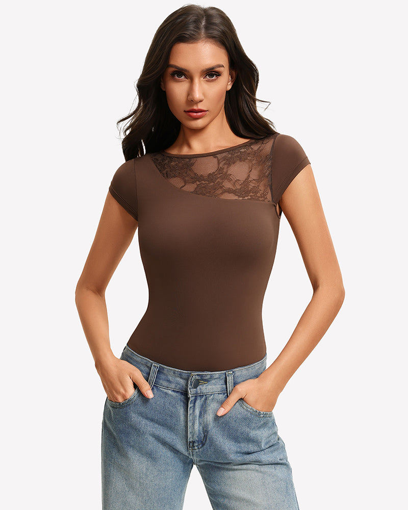Chocolate brown lace crew-neck short-sleeve thong bodysuit with lace chest panel