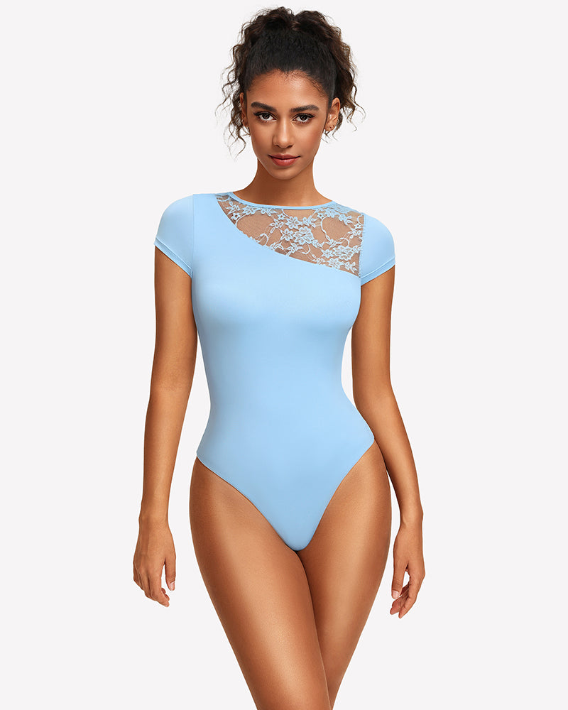 Light blue lace crew neck short sleeve thong bodysuit with lace chest panel