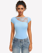 Light blue lace crew-neck short-sleeve thong bodysuit with lace chest panel