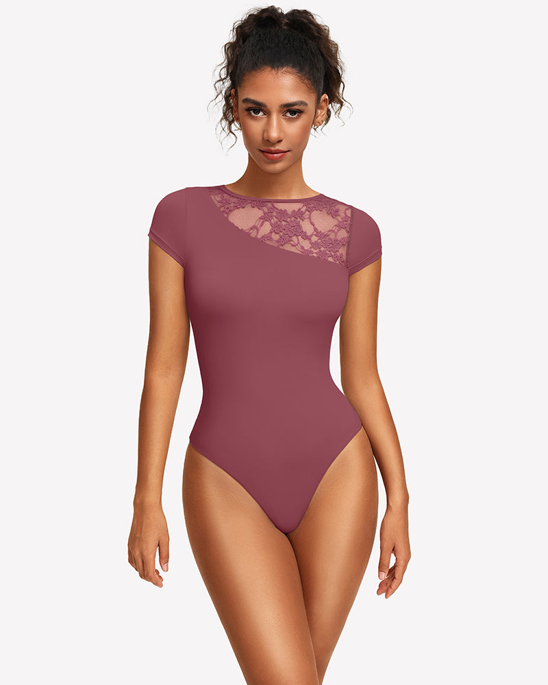 Maroon lace crew-neck short-sleeve thong bodysuit with lace chest panel