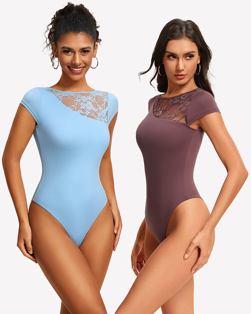 Light blue and maroon lace crew-neck short-sleeve thong bodysuits, front view