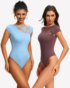Light blue and maroon lace crew-neck short-sleeve thong bodysuits, front view