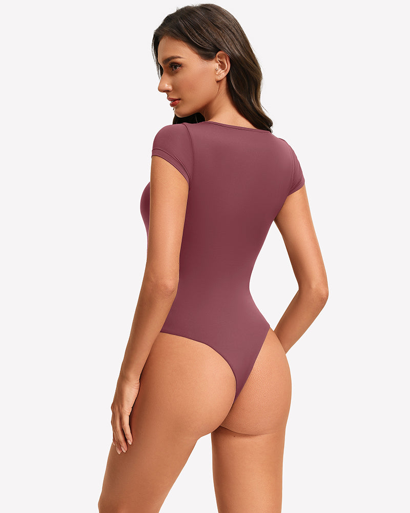 Lace crew neck thong bodysuit with lace back, plum