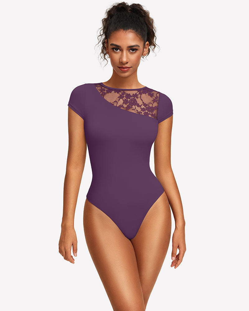Purple lace crew neck short sleeve thong bodysuit with lace chest panel