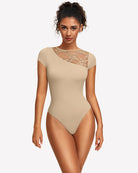 Nude lace crew-neck short-sleeve thong bodysuit with lace chest panel