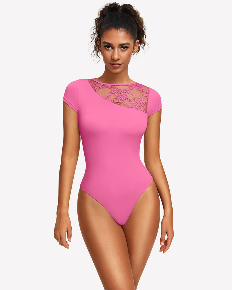 Pink lace crew neck short sleeve thong bodysuit with lace chest panel