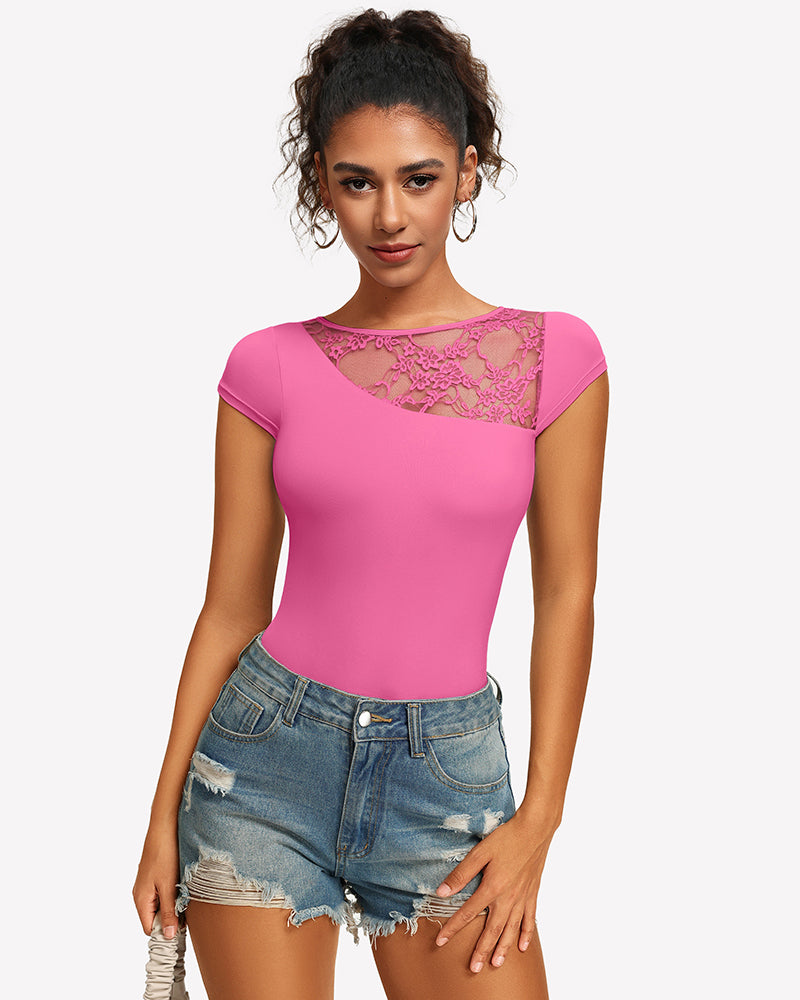 Lace crew neck short-sleeve thong bodysuit with lace back, bright pink