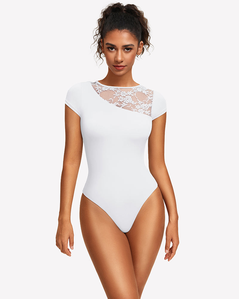 White lace crew neck short sleeve thong bodysuit with lace chest panel