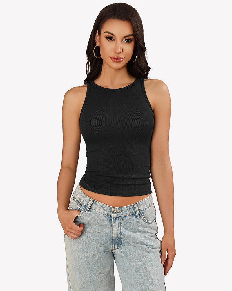 Black ribbed tank top with mock neck and racerback, sleeveless fitted hem