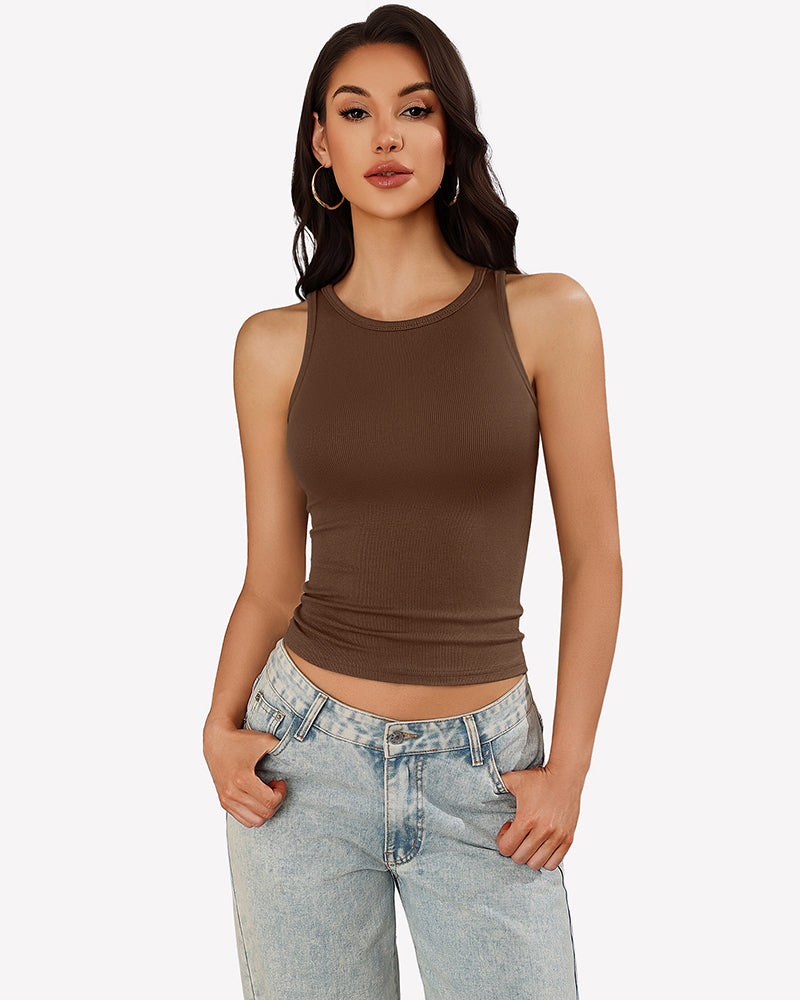 Brown ribbed tank top with mock neck and racerback, sleeveless fitted