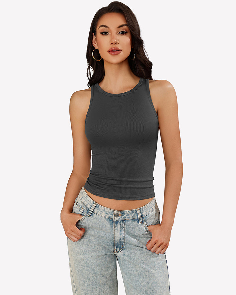 Deep grey ribbed tank top with mock neck and racerback, sleeveless fitted