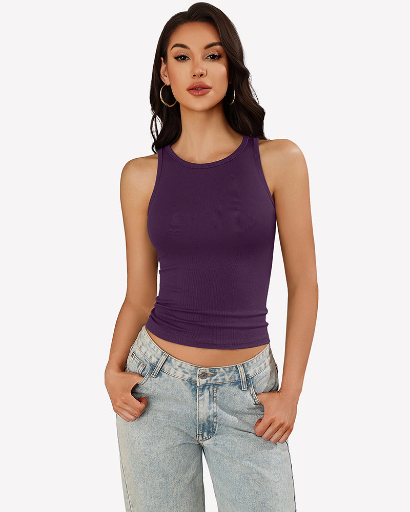 Deep purple ribbed tank top with mock neck and racerback, sleeveless fitted