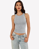 Light grey ribbed tank top with mock neck and racerback, sleeveless fitted