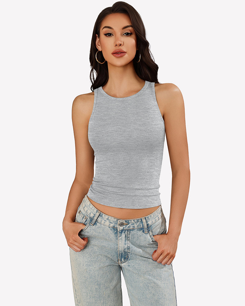 Light grey ribbed tank top with mock neck and racerback, sleeveless fitted