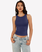 Ribbed mock neck racerback tank top, blue