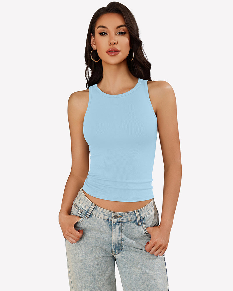 Light blue ribbed tank top with mock neck and racerback, sleeveless fitted