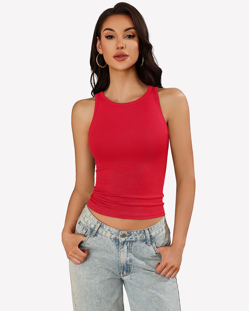 Ribbed mock neck racerback tank top, red
