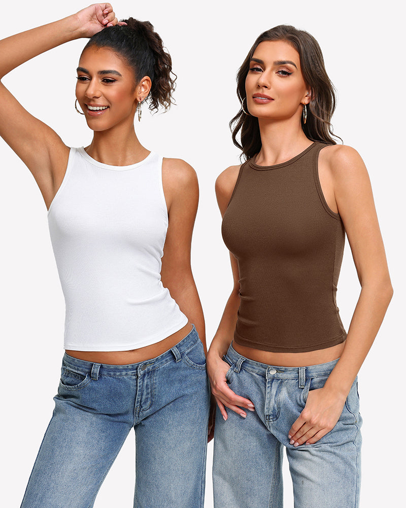 Ribbed mock neck racerback tank tops, white and brown