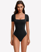 Square-neck short-sleeve bodysuit in black, fitted one-piece with thong-style leg openings.