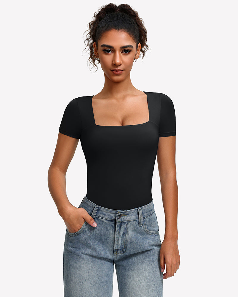 Black short-sleeve square-neck bodysuit, sleek fitted front